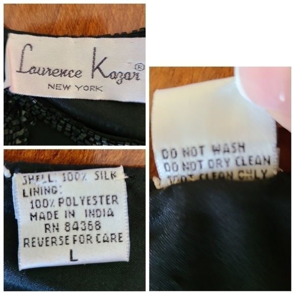 Laurence Kazar Silk Blouse Large Black‎ Lined Embellished Beaded Short Sleeve - Picture 9 of 12